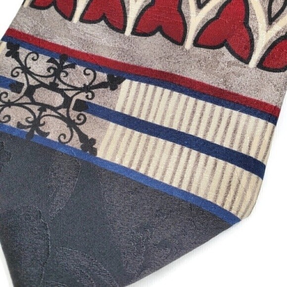 Oscar de la Renta Silk Neck Tie in Black, Grey Red, Blue & Ivory - Picture 4 of 8